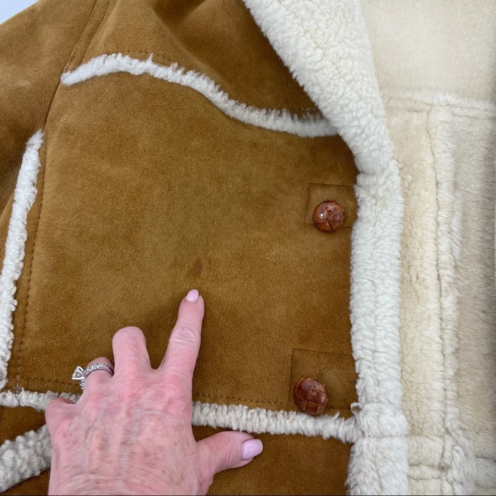❣️HP❣️Authentic Shearling Leather Coat Chestnut Brown and Ivory L/XL - Picture 13 of 16